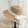 Sombrero de Paja de Encaje Estilo Francés con Copa Plana para Mujer, Protección Solar para Vacaciones de Verano en la Playa Sombrero de Ala Plana Estilo Británico