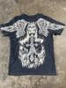 Playera Retro Transfronteriza 2025 Nueva Harajuku Hip-hop Cuello Redondo para Hombre y Mujer Manga Corta Estampado Calavera Alas Ángel Top