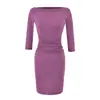 Vestido bodycon puramente sedutor de manga três quartos, decote canoa, cintura franzida que abraça o corpo, corte justo, elegante, elástico, modelador, sexy, comprimento médio