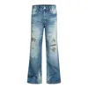 Pantalones acampanados de mezclilla lavada con efecto desgastado y estilo hippie, diseño moderno para hombre con rotos y tachuelas, pantalones casuales únicos