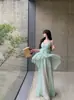Vestido Longo Verde Ruffle Estilo Francês Preguiçoso com Alça Fina, Fresco e Leve, Vestido Longo de Viagem do Sul da França, Vestido Longo de Férias na Praia