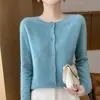 26 Outono/Inverno 100% Lã Pronto para Vestir Cardigã de Gola Redonda para Mulheres, Versátil Casaco de Lã de Manga Longa, Peça de Roupa Externa de Cor Sólida