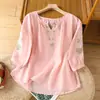 Tops estilo nacional de algodão e linho com bordados para mulheres, verão, bordado pesado, gola redonda fina, mangas bufantes, respiráveis, mangas de cinco pontos