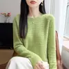 Suéter de Lana Hueca Tejido a Crochet para Mujer, Tejido 100% Lana Pura, Suéter Delgado Verde de Otoño, Top Básico de Corte Holgado