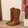 Botas Altas de Suela Gruesa con Tacón Grueso, Huecas, para Aumentar la Altura, Nuevo Verano 2026, Botas de Moda de Vaquero Occidental, Botas de Montar