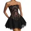 Conjunto Elegante Sexy de Corset Renda Tomara-que-caia Europeu e Americano com Barbatanas Curta Modeladora de Corpo Conjunto de Renda de Duas Peças com Afunilamento na Cintura