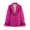 Conjunto de blazer com punho de pena estilo europeu e americano para mulheres, elegante e profissional, com calça reta fluida, conjunto de duas peças para o trabalho, atacado