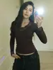 Camiseta Feminina Sexy Pure Desire com Decote V e Renda, Manga Longa, Top Básico Slim Fit para Mulheres Modernas, Primavera e Outono