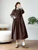 Vestido Longo Feminino de Manga Longa, Estilo Mori Girl Japonês, Gola Xadrez, Caimento Solto, Comprimento Médio, Vestidos Femininos Atacado