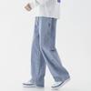 Jeans de otoño e invierno para hombre, cintura elástica, holgados, rectos, pantalones elásticos, marca de moda, high street, estilo Hong Kong, lavados, tipo mopa, pantalones
