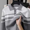 Fábrica de suéter de tricô listrado com gola Henry, marca da moda mais vendida em vendas transfronteiriças, malhas masculinas direto do fabricante