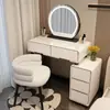 Tocador para espacios pequeños, estilo francés crema para dormitorio, tocador de maquillaje moderno minimalista, tocador de vidrio con cajones integrados