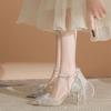 Sapatos de Salto Alto 2025 Novo Bico Fino Lantejoula Laço Vazado Sapatos Adulto Cerimônia Sapatos de Casamento Sapatos de Noiva