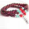 Pulsera original hecha a mano con cuentas de imitación de granate de 6 mm, pulsera de cuentas largas multicapa, pulsera de plata Miao de tres capas