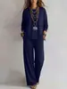 Traje casual de otoño e invierno 2026 para mujer, color liso, nuevo conjunto de dos piezas con top de manga larga casual y pantalones de pierna ancha