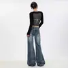 Jeans Wide-Leg com Design Degradê, Caimento Solto, Cintura Baixa, Slim-Fit em Azul Vintage com Aspecto Desgastado, Toque Fluido, Controle de Barriga, para Usar com Peças de Exterior