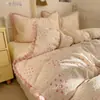 Juego de cuatro piezas de algodón puro Clase A, ropa de cama de gasa de doble capa, funda de edredón 100% algodón, sábana bajera, funda de edredón, juego de tres piezas para dormitorio universitario 4