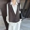 Colete Cardigan Feminino Gola V Ponto Sete Lã Pura Engrossada Sem Mangas com Design Irregular, Moderno para o Trabalho e para Usar em Camadas