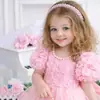 Almacén en el extranjero vestido floral rosa de hombros descubiertos para niños con malla de cuentas para fotografía de fiesta de primer cumpleaños de niñas vestido de princesa