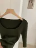 KEKEZOON Suéter de Tricô Gola Quadrada Expondo a Clavícula Cor Sólida Slim Fit Manga Média para Mulheres Estilo Coreano Desejo Puro 8758