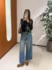 ¡Brillante y encantador! ~Jeans azules de pierna ancha, tiro alto, corte relajado, estilo vintage, con adornos de pedrería, fluidos, para mujer en otoño