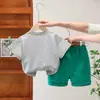 Nuevo traje de verano para niños de dos colores con expresión, cuello redondo, manga corta, comercio exterior, bebé niño, expresión, manga corta, dos piezas, venta directa