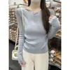 Top de punto azul estilo coreano, hombros descubiertos, manga larga, para mujer, principios de otoño 2025, tejido fino, camiseta base ajustada