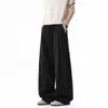 Pantalones de seda de hielo para hombre, corte oblicuo gris oscuro, pantalones finos de verano con caída, pierna ancha, estilo americano, sueltos, casuales, largos