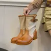 Botas de Color Bloque Retro de Media Pantorrilla para Mujer 2026 Otoño/Invierno Nuevas Botas de Tacón Grueso con Hebilla de Cinturón Botas Vaqueras Occidentales Botas de Montar Botas de Moda
