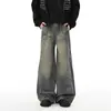 Calça Jeans Patchwork Vintage Lavada para Homens, Calça Longa Reta Solta de Perna Larga Estilo Americano High Street, Jeans de Marca Tendência para Homens
