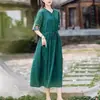 Vestido de Jacquard Bordado Estilo Chino Cuello en V para Mujer 2026 Verano Holgado Adelgazante Cintura Ceñida con Cinturón Elegante Falda Larga
