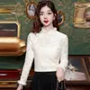 Nova Camisa de Base de Renda com Gola Alta de Veludo Estilo Chinês para Mulheres no Outono e Inverno, Camisa Quente e de Alta Qualidade com Top Espessado por Dentro