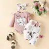 Macacão de bebê europeu e americano de letras com manga comprida e formato triangular, calça com laço, top para primavera e outono, calça de borboleta e elefante