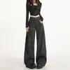 Calça jeans feminina estampada estilo americano, plissada, tendência, novo design outono 2026, calça de trabalho de perna reta, comprimento total, perna larga