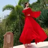 Hermosa Falda Larga de Gasa Roja de un Hombro Estilo Francés para Vacaciones en la Playa y la Costa, Conjunto de Falda Evasé
