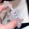 Pulseira de Cristal Rosa Natural Floco de Neve Branca para Mulheres, Vestido de Noiva Lua Cheia Totalmente Diamantado Pulseira para Menina Rosa Joia
