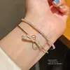 Pulseira Aberta Dupla Camada com Laço de Zircônia, Pulseira Exquisita e Versátil Estilo Francês, Luxo Leve, Sensação de Alta Qualidade, Joia de Mão de Nicho