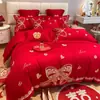 Conjunto de quatro peças para casamento, 100% algodão, vermelho vivo, para camas de noivos, incluindo lençóis e fronhas de edredom, alta qualidade, algodão puro, perfeito para o quarto de recém-casados