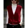 Chaleco de punto rojo retro francés con cuello en V para mujer, adecuado para ir al trabajo, de un solo pecho, elegante chaleco de punto para superponer