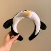Faixa de cabeça fofa com orelhas de panda para lavar o rosto, faixa de cabeça de pelúcia de desenho animado com coroa alta para mulheres, faixa para maquiagem e lavar o cabelo, acessório de cabelo