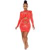 X5572 Aliexpress Amazon Moda Sexy Boate Quente Diamante Rede Perspectiva Manga Longa Vazado Vestido Midi