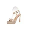 Sandalias de tacón alto con lazo, vestido elegante con tacones finos de una sola tira, verano 2026, plataforma impermeable, sandalias color champán