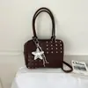 Bolso bowling coreano con remaches hieta para mujer, bolso de mano cuadrado, moda Y2K versátil dulce y fresco, bolso de hombro de gran capacidad