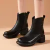 Botines de Piel Suave con Tacón Grueso para Mujer Otoño Invierno Botas Adelgazantes 2026 Nuevos Botines Chelsea de Media Caña Botas Martin de Tacón Medio con Terciopelo