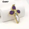 Wt-Jp382 Ágata Amazonita Cuarzo Rosa Perla Incrustado Forma de Cruz Chapado en Oro de 18 Quilates Colgante Accesorios de Joyería Hechos a Mano