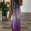 Vestido con falda dividida tie-dye con letras, casual, holgado, estampado tie-dye degradado, vestido sin mangas para mujer, largo de bolsillo