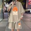 Traje Casual de Waffle para Hombre Verano Pantalones Cortos de Seda de Hielo Camiseta de Manga Corta con Estampado Juvenil Atractivo Falso Dos Piezas