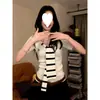1*1 Versión Original de la Receta Original + Camiseta Blanca de Manga Corta para Mujer con Rayas y Cuello Marinero Coreano, Hombro Derecho, Top Corto de Verano