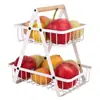 Cesto de frutas de ferro removível de camada dupla para cozinha, sala de estar, suporte de armazenamento de mesa, cesto de pão com alça de madeira, cesto de mão