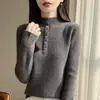 Suéter feminino, base de gola alta meia, top de malha interno slim fit, design meio aberto outono/inverno, manga longa modeladora, estilo novo, item de cross-border